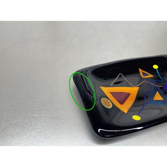 Art Glass Fused Black & Metallic Colorful Trinket Tray Dish Signed 6 X 3.5in - Picture 3 of 6